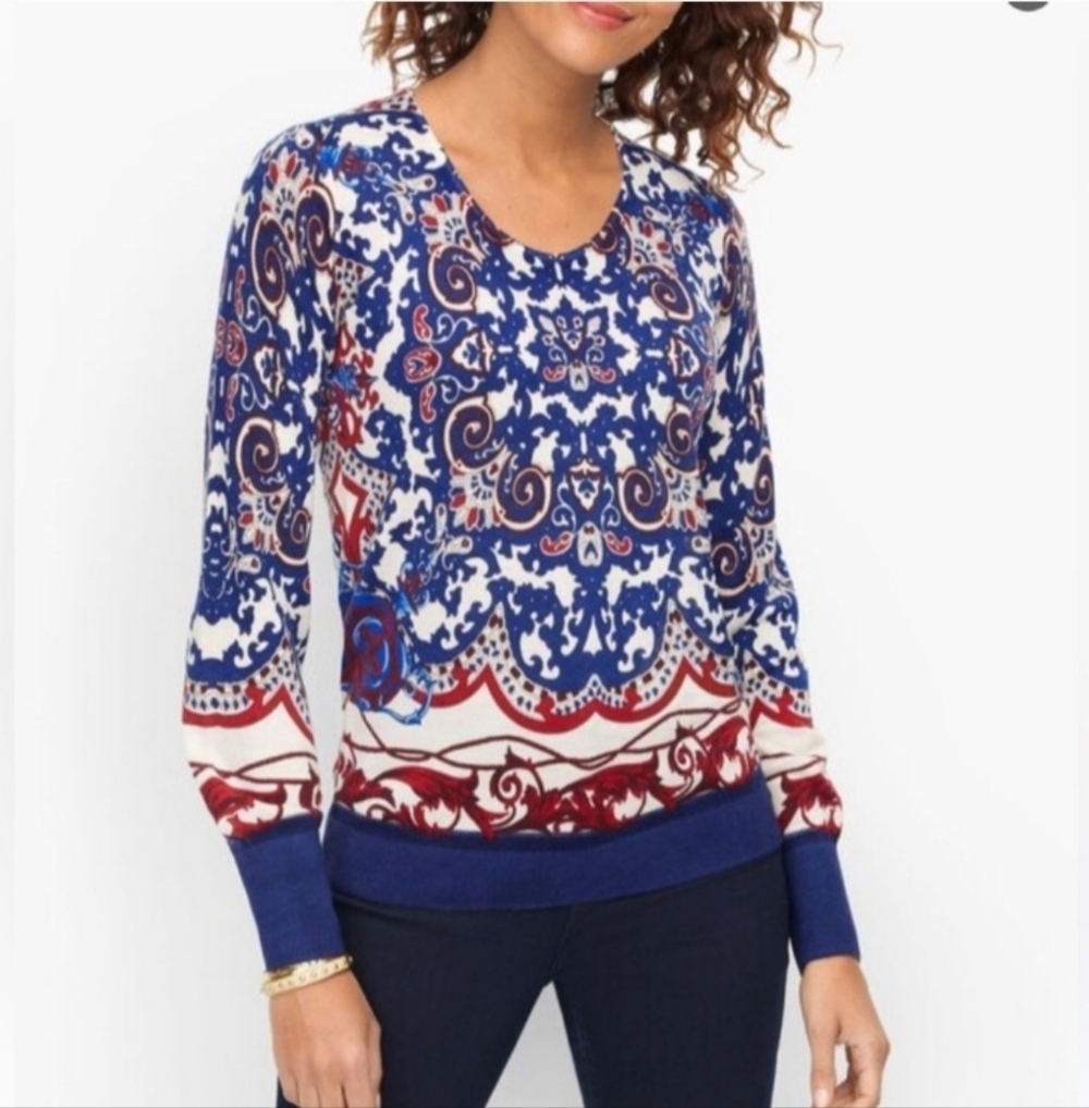 TALBOTS Knit Sweater Pure Merino Wool Blue Medallion Print Elegant, Sz XS